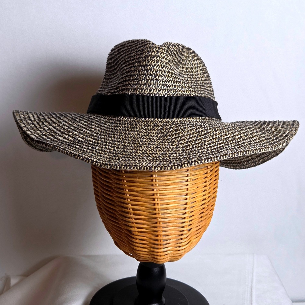J.Crew Wide Brim Fedora Hat Womens S-M Black Tan Straw Style H8871 Boho Summer